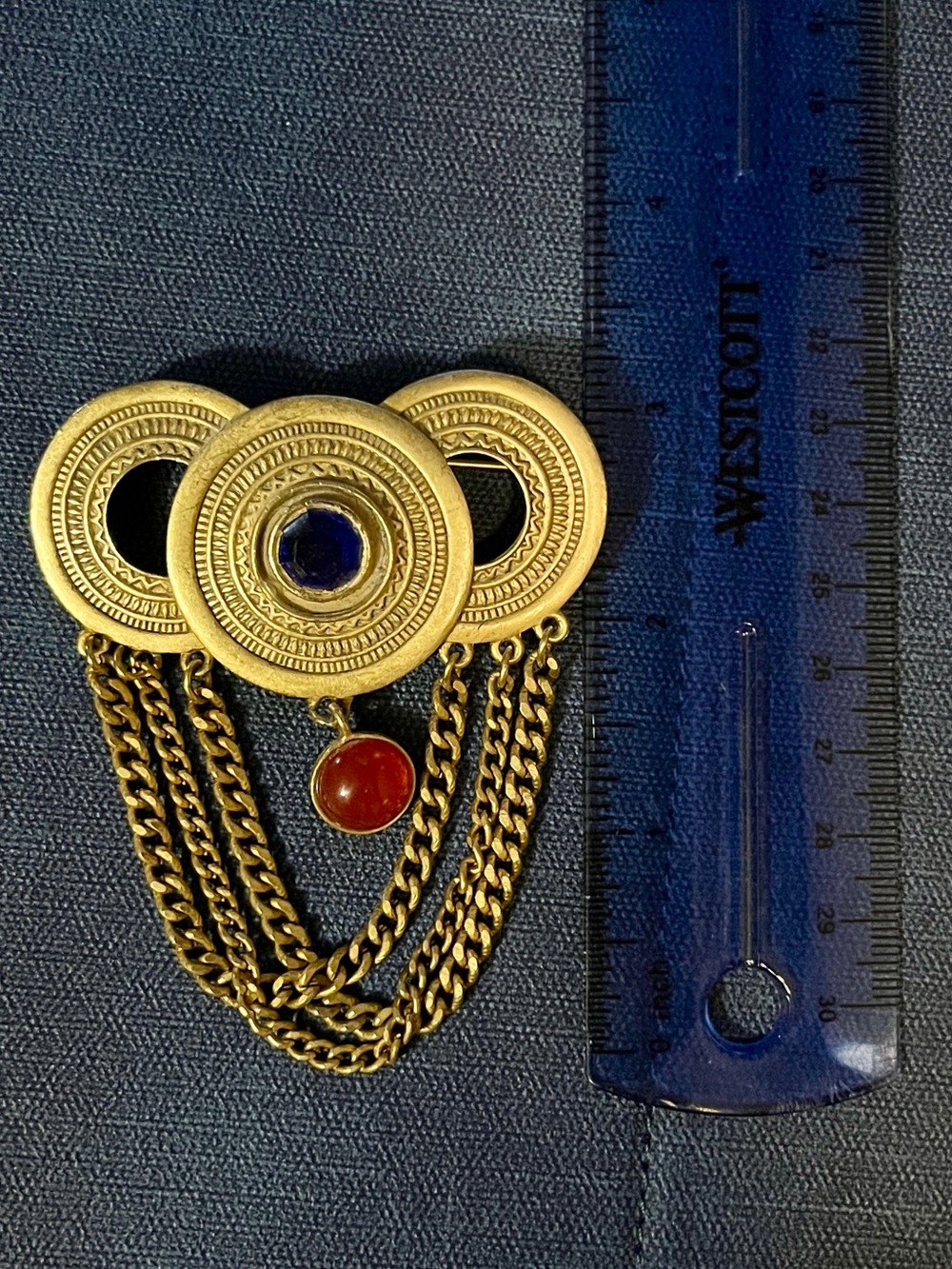 3” Gold-Tone Drop Chain Brooch with Blue and Red Stones